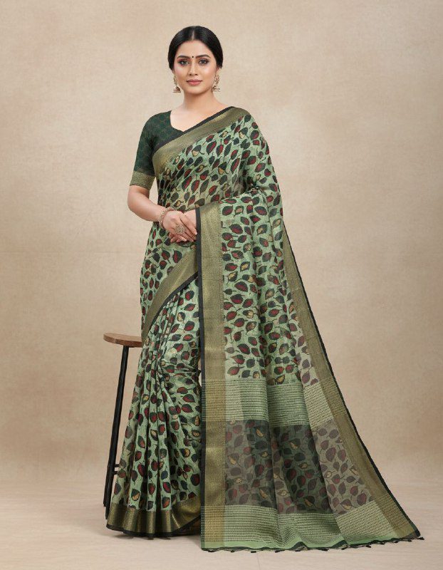 Earthy Sage Green Leaf Print Saree