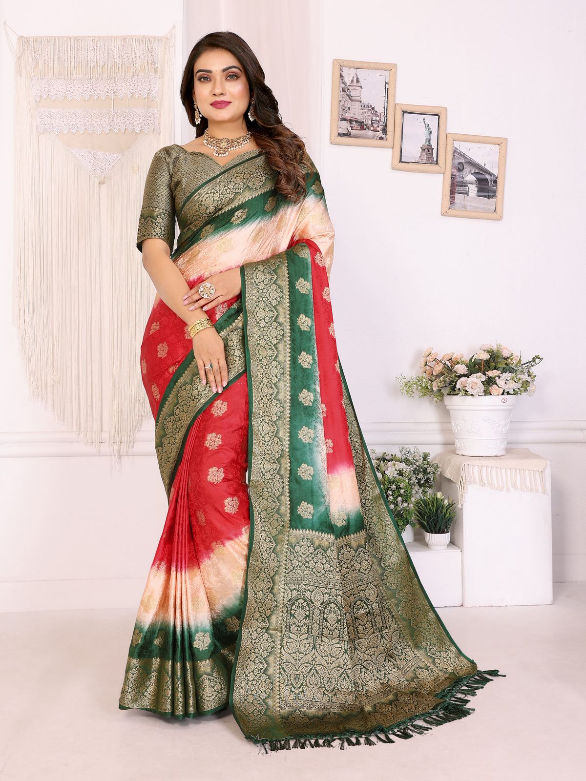 Elegant Tri-Tone Banarasi Silk Saree with Floral Zari Weaving