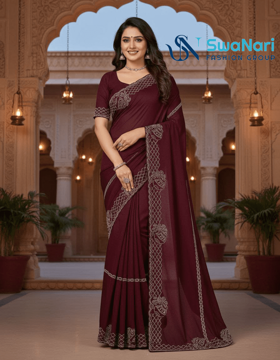 Elegant Wine Embellished Party Saree