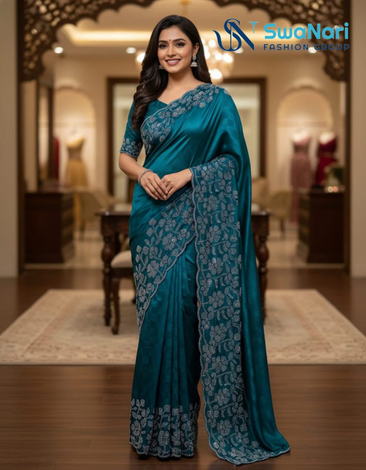 Emerald Elegance Satin Embellished Saree