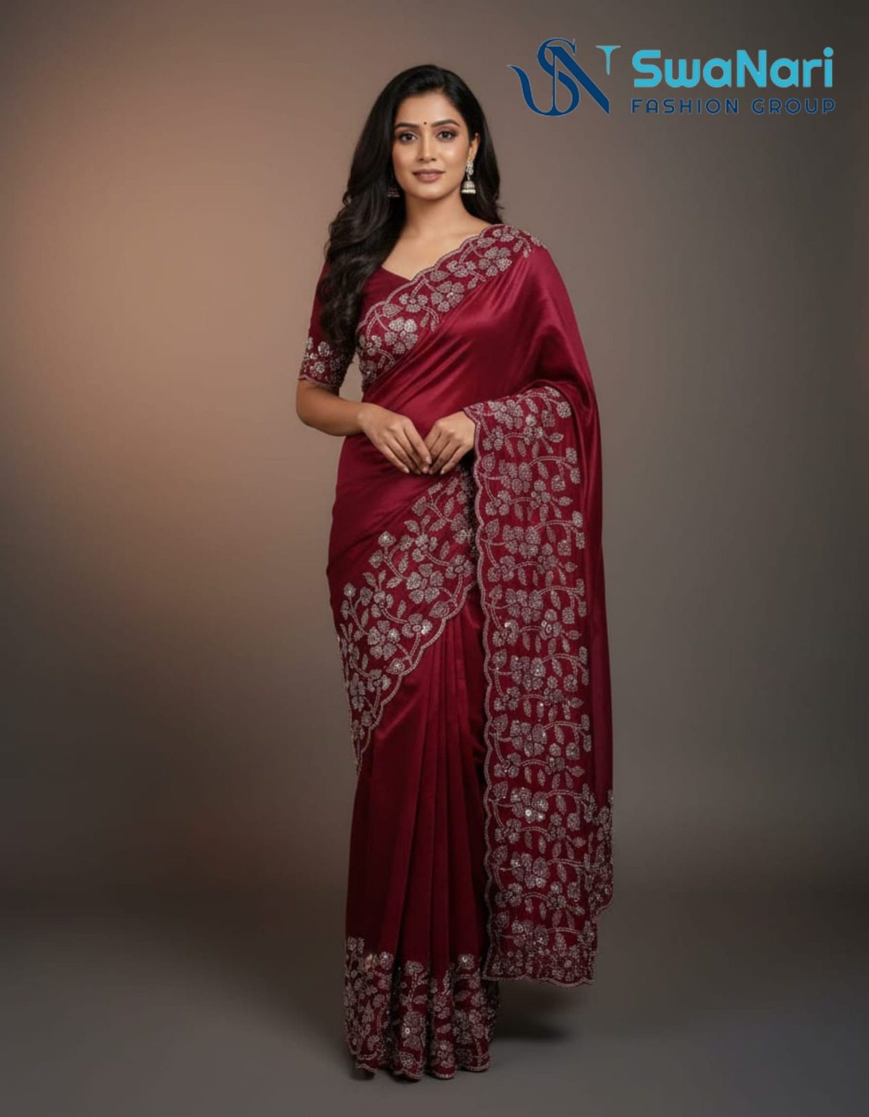 Emerald Elegance Satin Embellished Saree