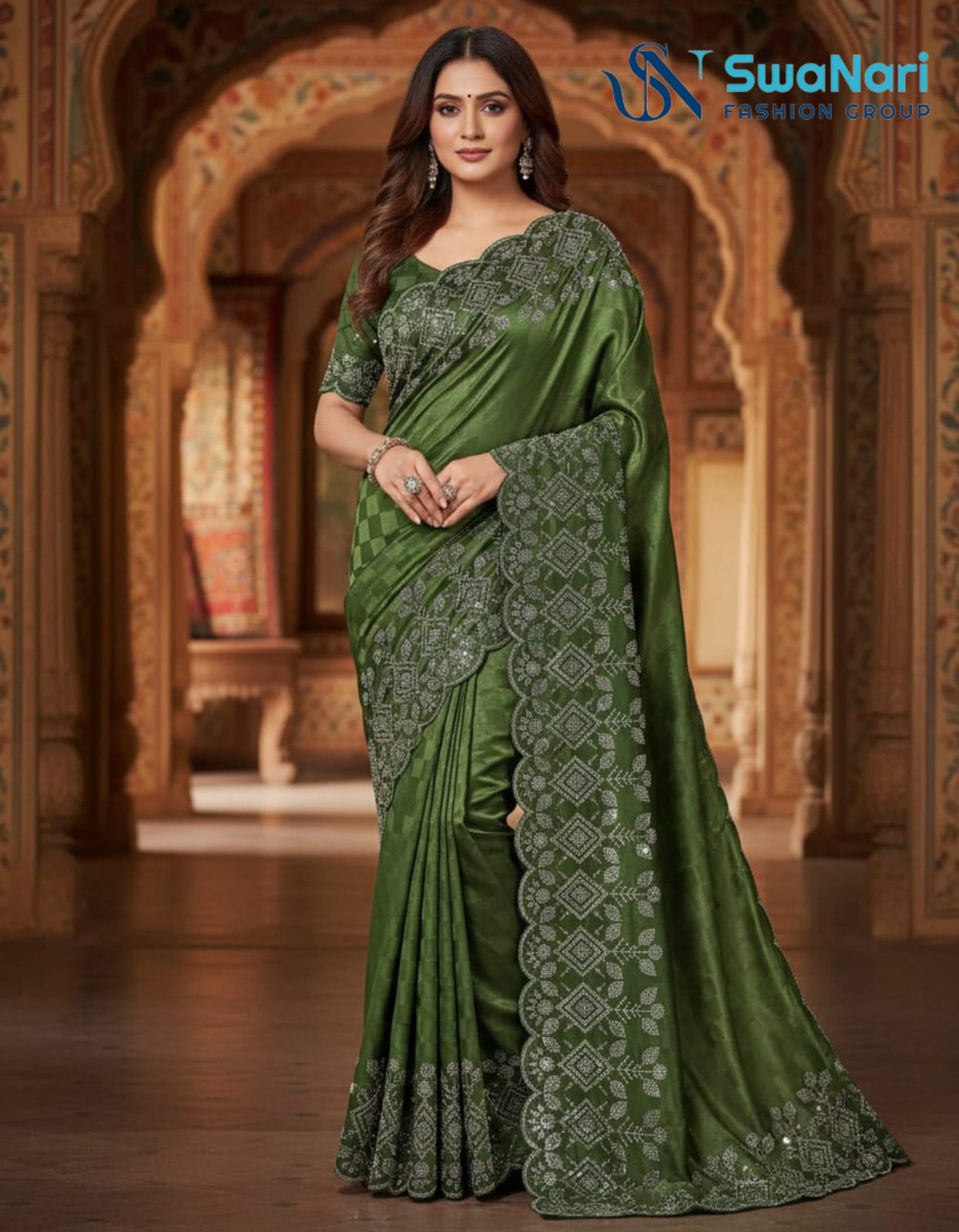 Emerald Elegance Satin Embellished Saree