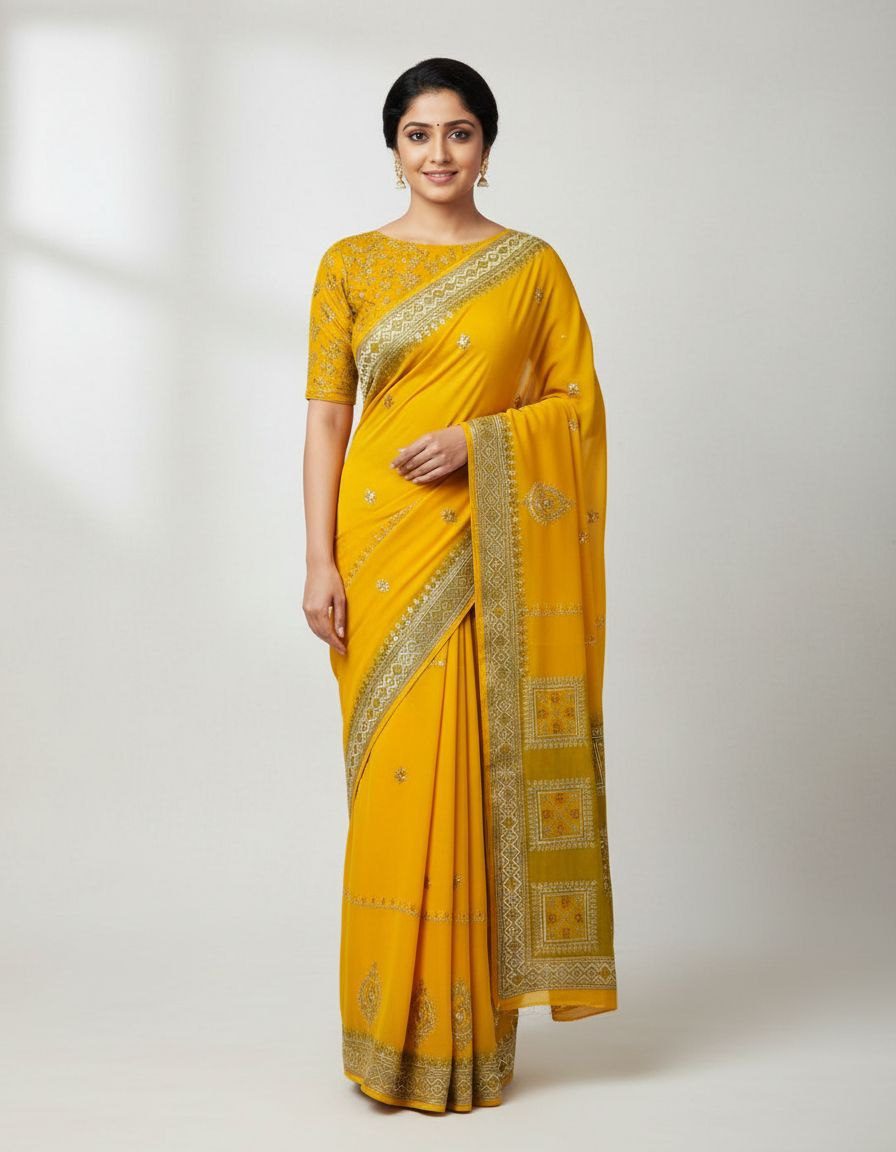 Emerald Elegance Star Georgette Saree with Swarovski Embellished Lahariya Pallu