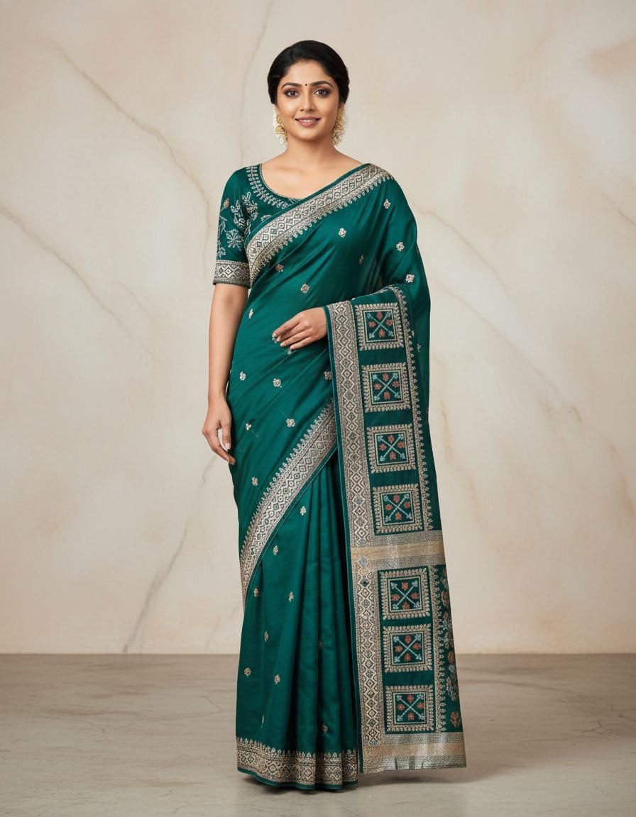 Emerald Elegance Star Georgette Saree with Swarovski Embellished Lahariya Pallu