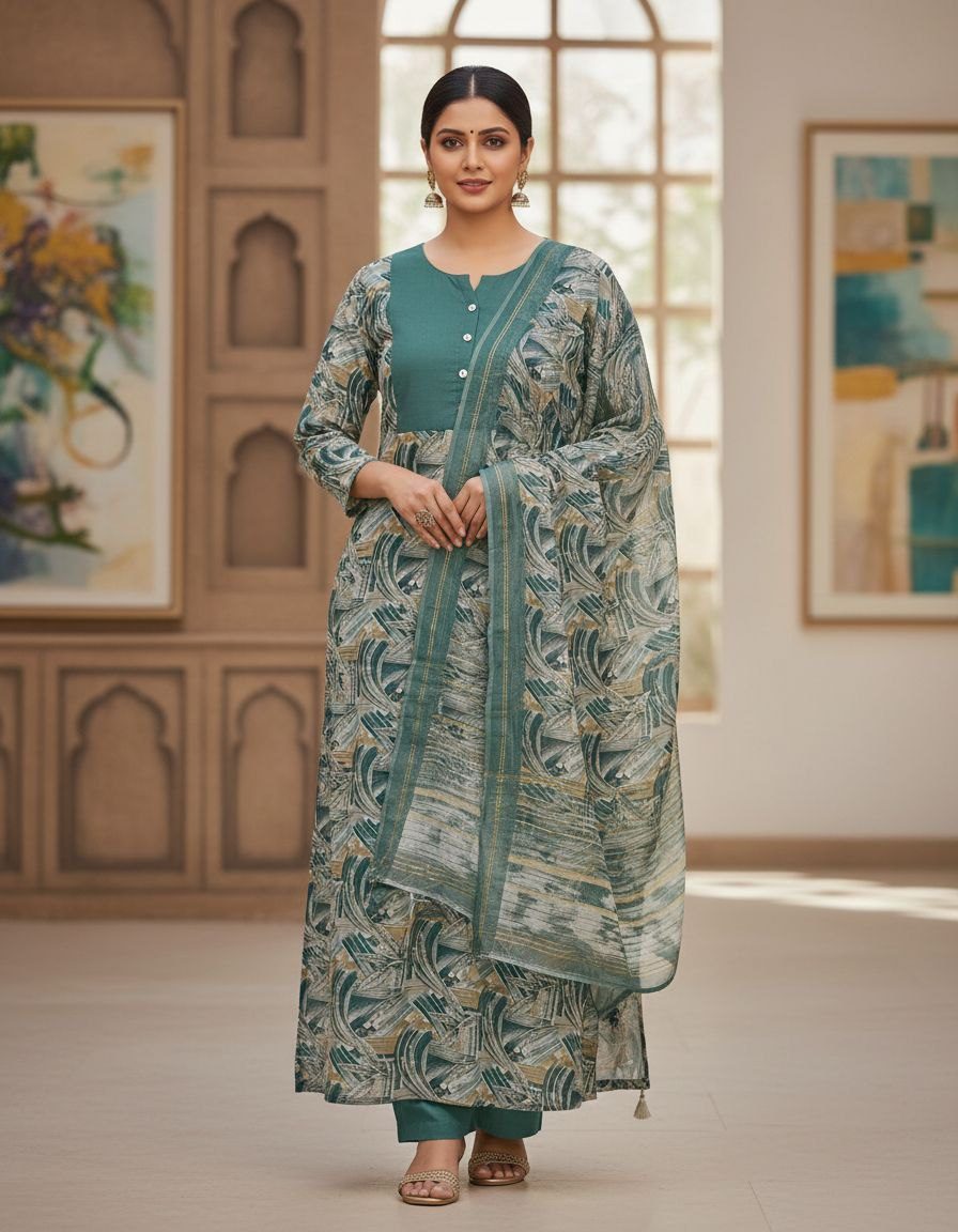 Teal Radiance: Abstract Printed 3-Piece Salwar Suit Set