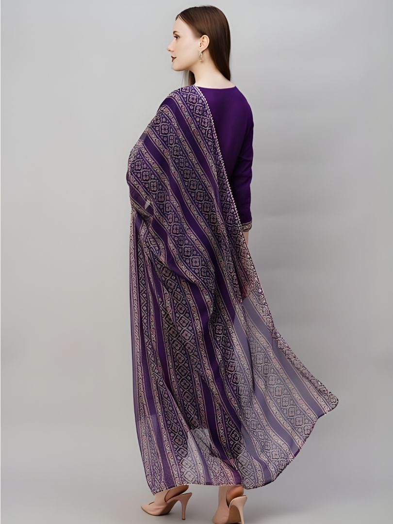 Royal Purple Embroidered Silk Suit with Geometric Print Dupatta
