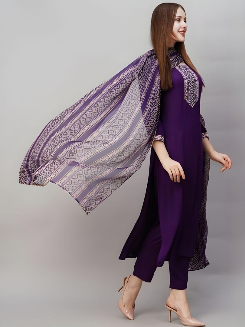 Royal Purple Embroidered Silk Suit with Geometric Print Dupatta