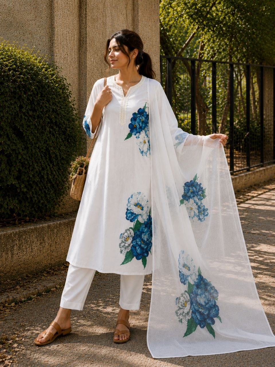 Elegant White Floral Printed Kurta Set with Matching Dupatta