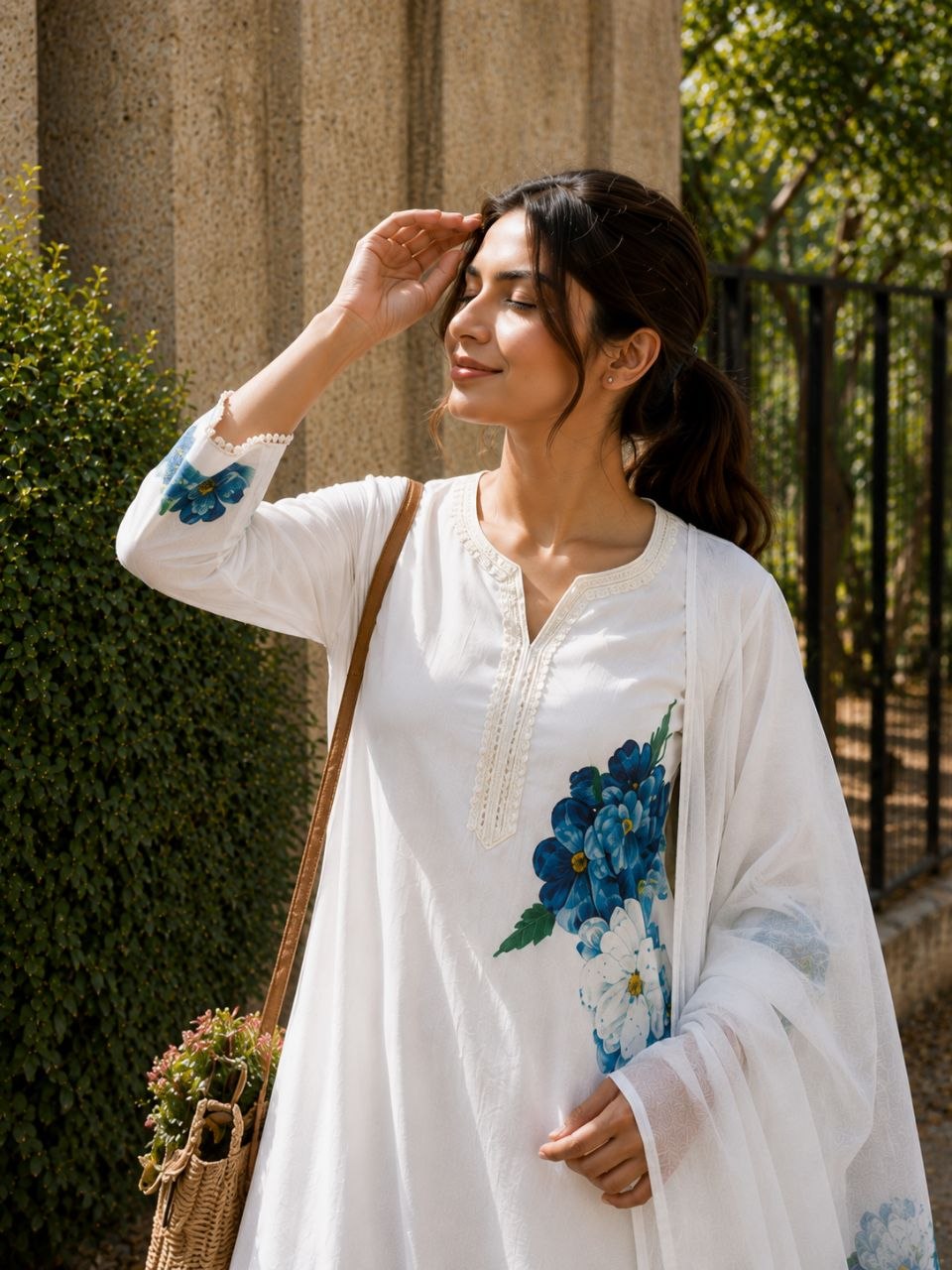 Elegant White Floral Printed Kurta Set with Matching Dupatta