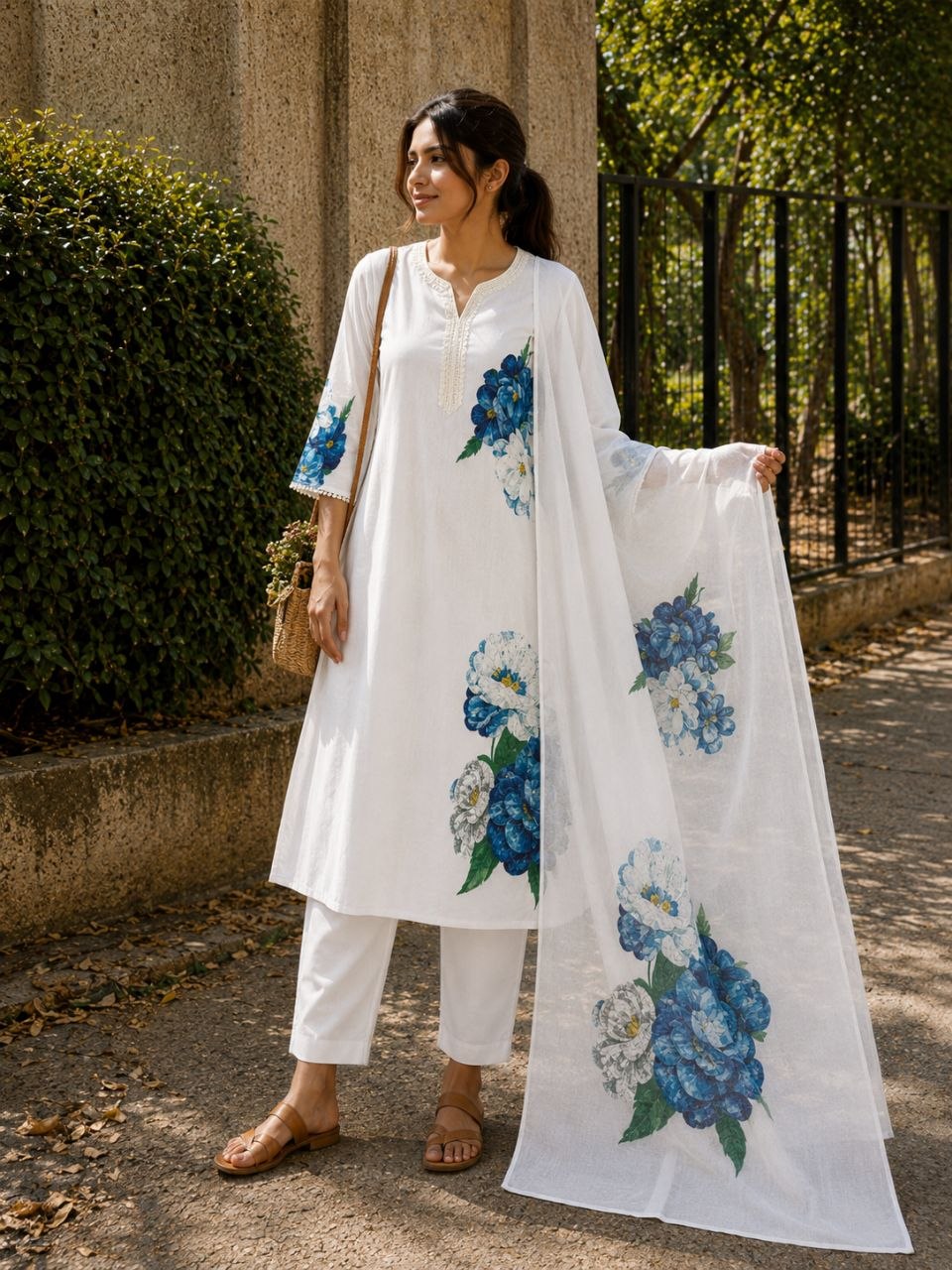 Elegant White Floral Printed Kurta Set with Matching Dupatta