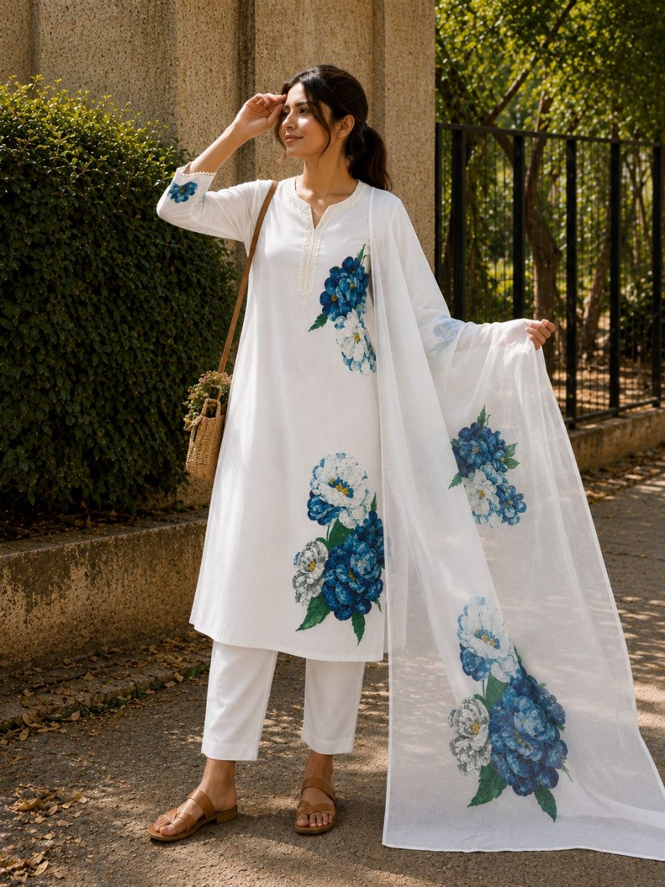 Elegant White Floral Printed Kurta Set with Matching Dupatta
