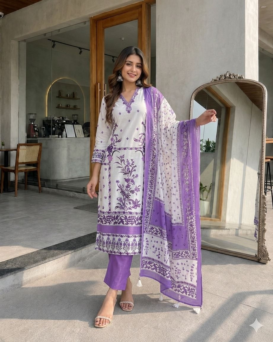 Lavender Bloom Printed Kurta Set with Elegant Dupatta