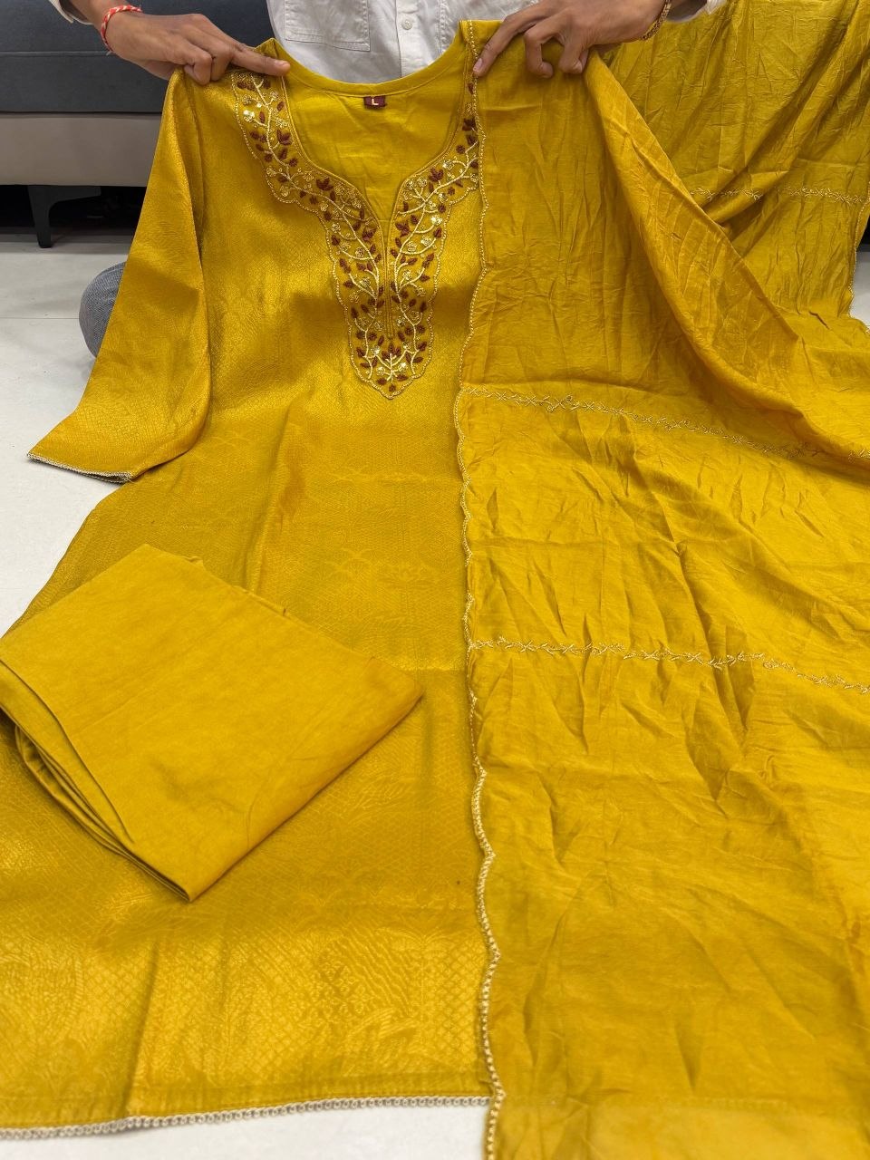 Royal Moonstone Beige & Sage Green Embroidered Festive Suit Set with Elegant Dupatta