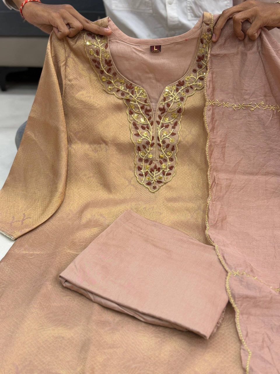 Royal Moonstone Beige & Sage Green Embroidered Festive Suit Set with Elegant Dupatta