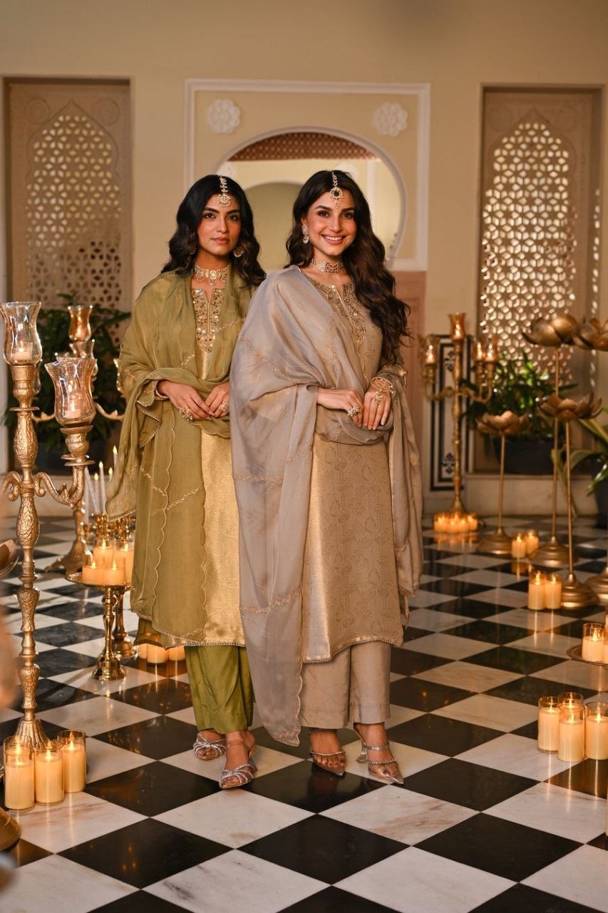 Royal Moonstone Beige & Sage Green Embroidered Festive Suit Set with Elegant Dupatta