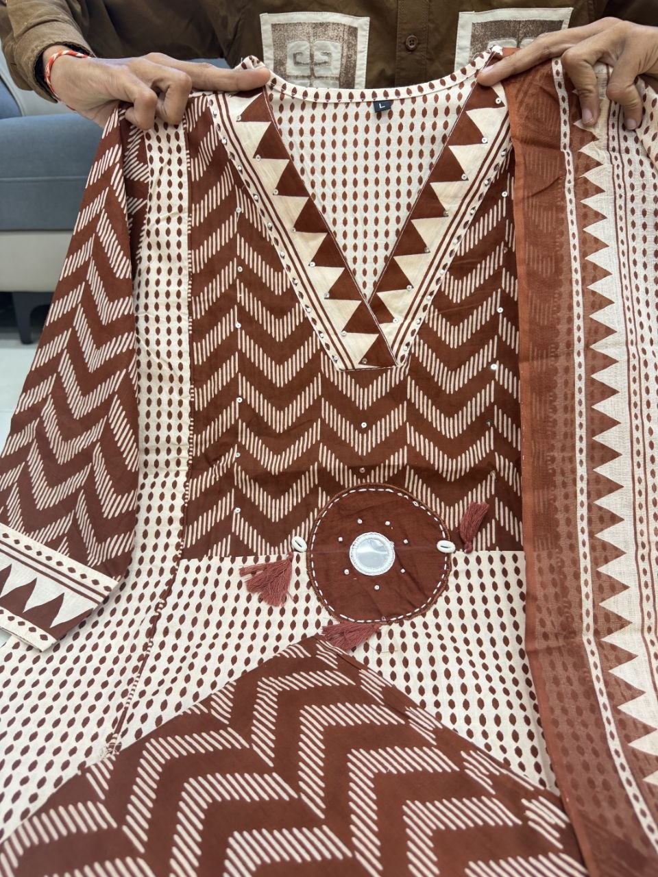 Rustic Brown Handblock Printed Cotton Kurta Set with Dupatta