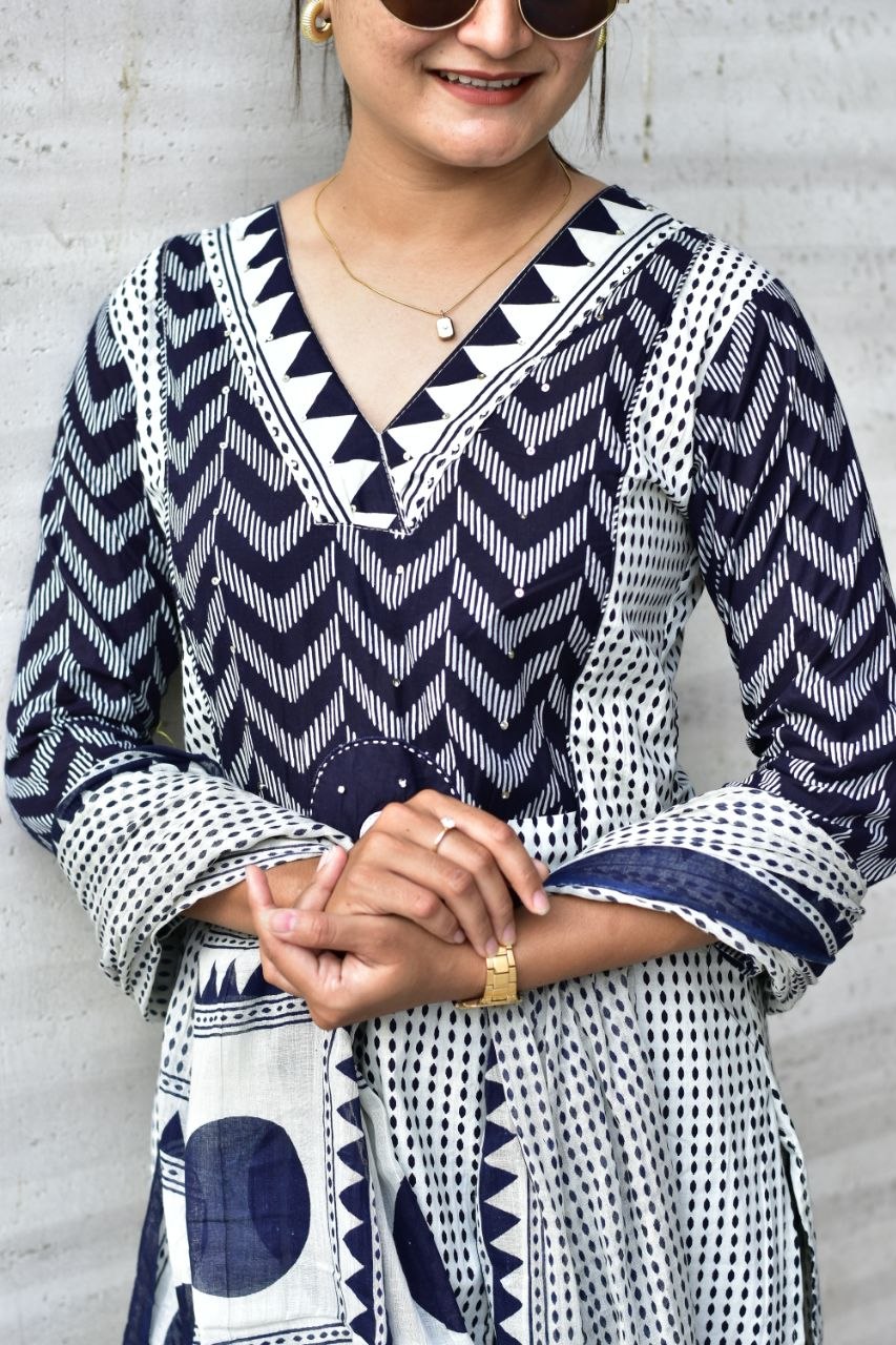 Rustic Brown Handblock Printed Cotton Kurta Set with Dupatta