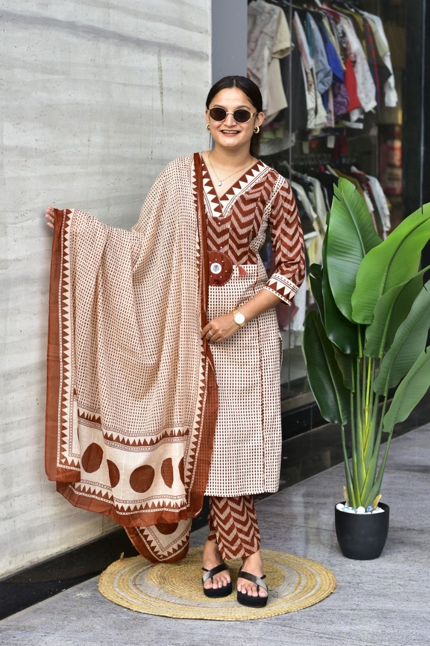 Rustic Brown Handblock Printed Cotton Kurta Set with Dupatta