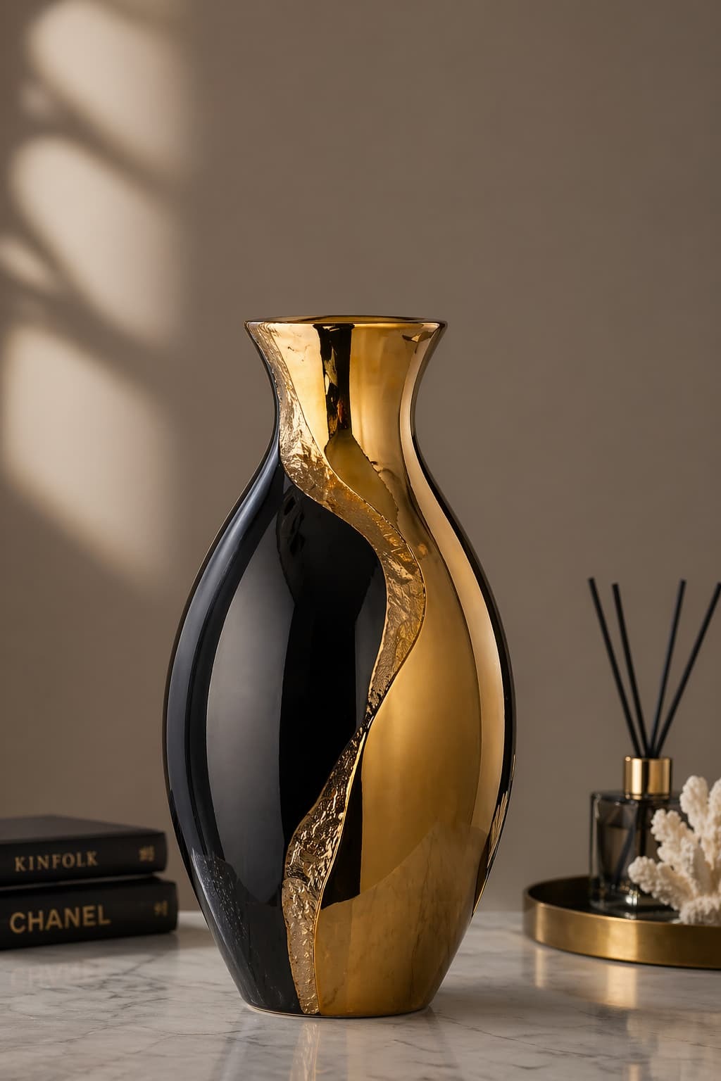 Noir Gold Wave Ceramic Vase