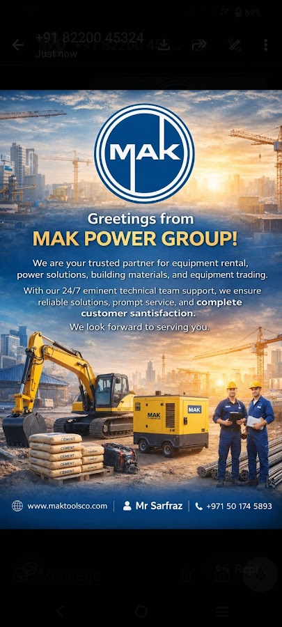 MAK POWER MACHINERY & GENERATOR RENTAL in KALBA/AIR COMPRESSOR RENTAL in FUJAIRAH