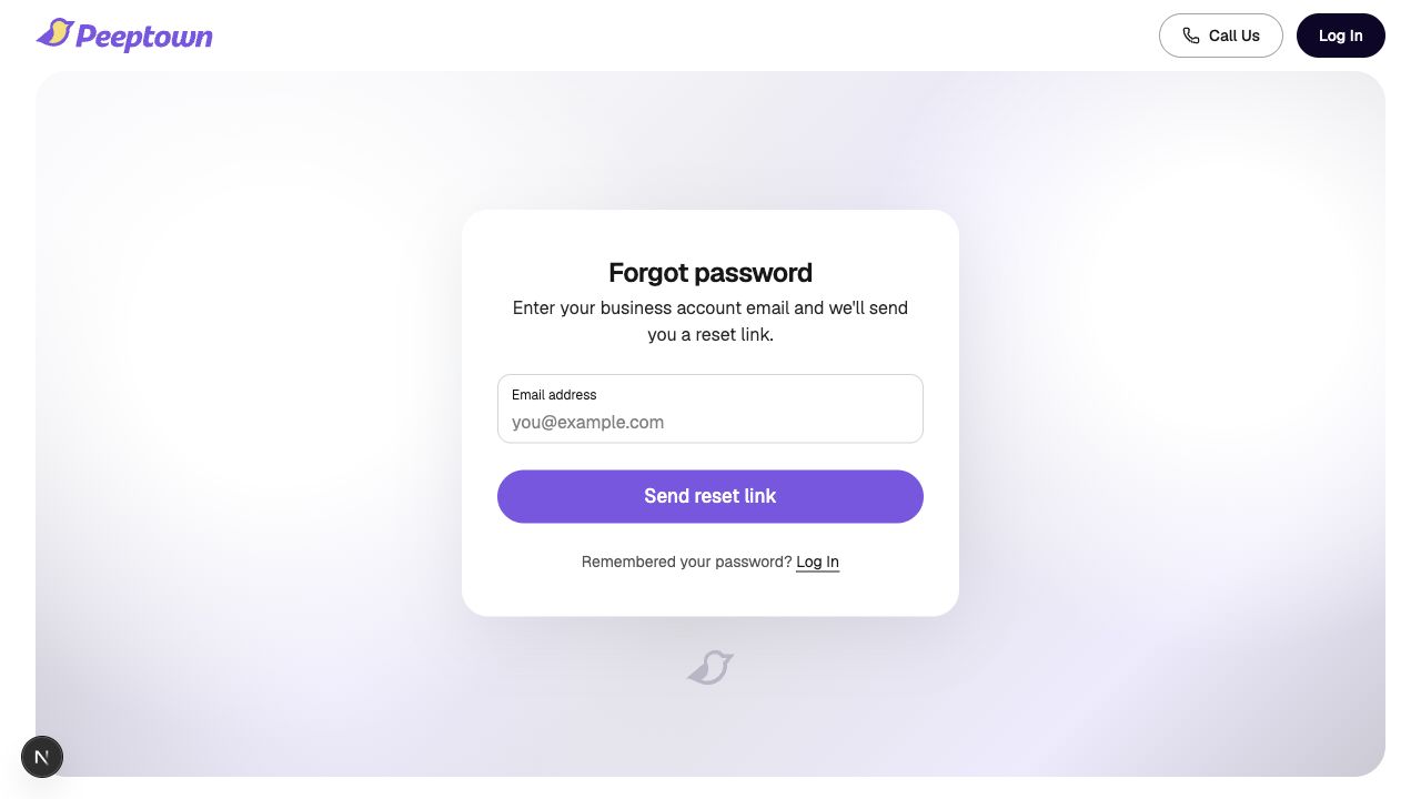 Peeptown forgot password screen with email field and Send reset link button
