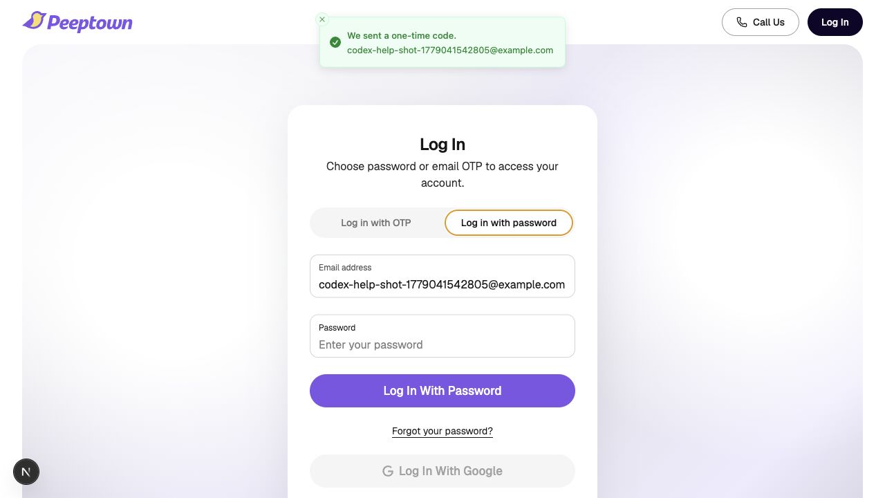 Peeptown login screen with the password tab selected
