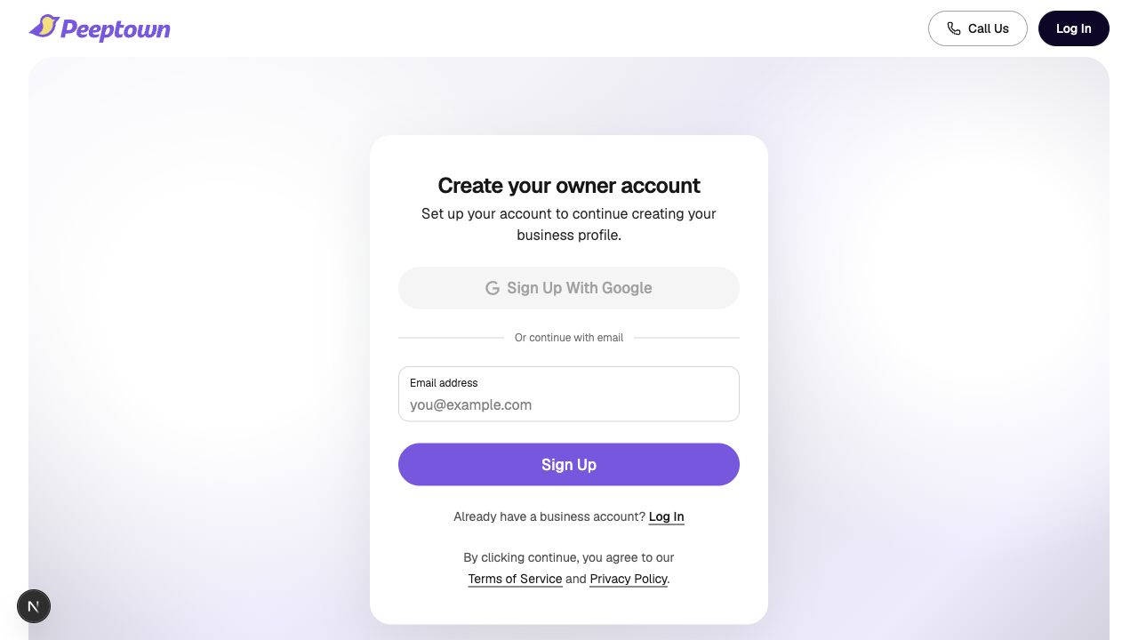 Peeptown business sign-up screen with email field and Sign Up button