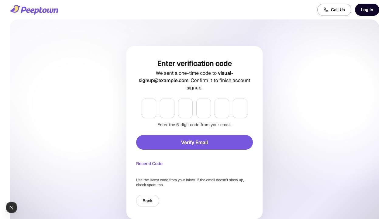 Peeptown sign-up verification screen with six OTP boxes and Verify Email button